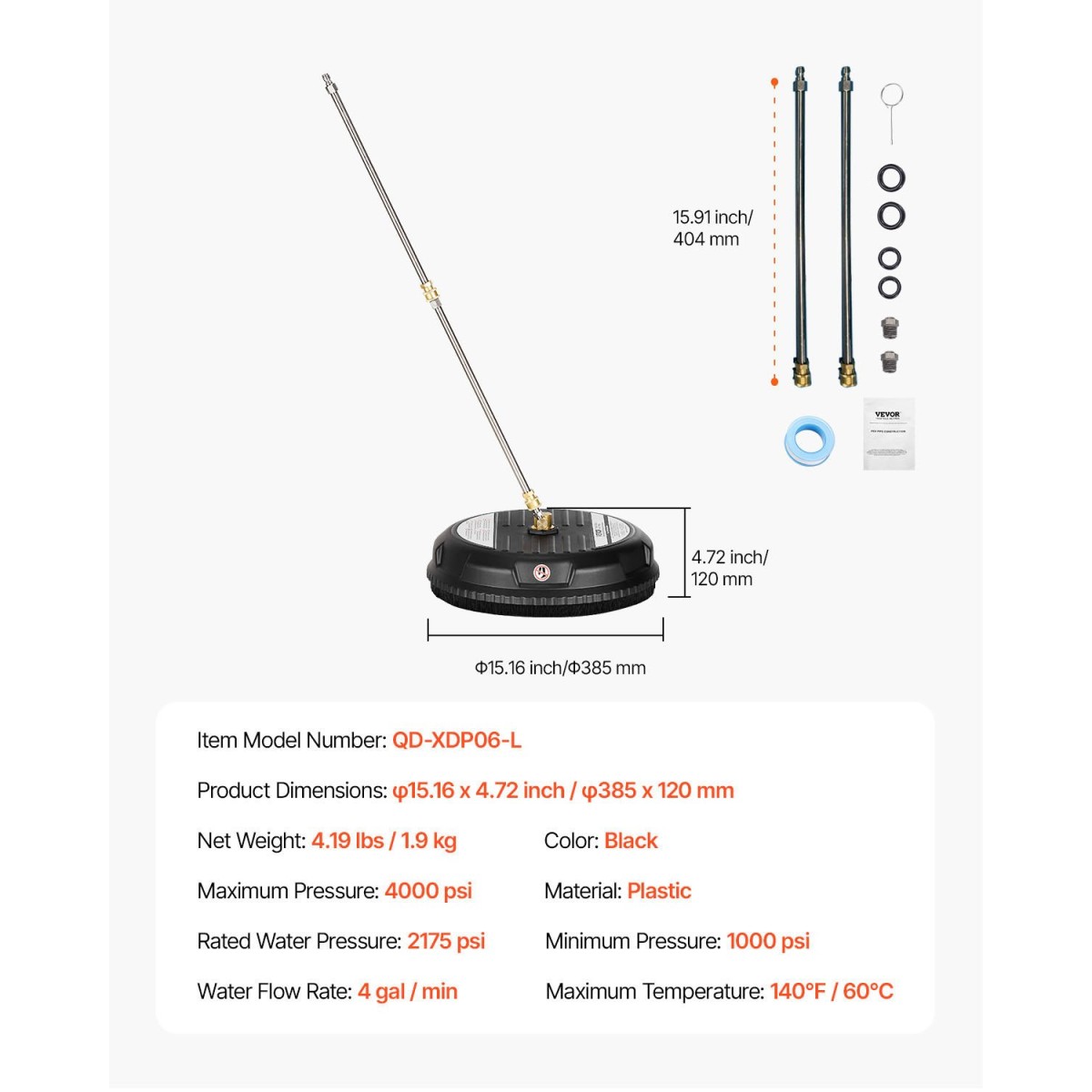 VEVOR 15" Καθαριστικό επιφάνειας πλύσης πίεσης, Πλαστικά εξαρτήματα πλύσης πίεσης με 4 τροχούς, 4000 Max PSI, 1/4 Quick Connector, 2 ακροφύσια ψεκασμού, 2 εκτεταμένα ραβδιά για δρόμο, πεζοδρόμιο, βεράντα, κατάστρωμα