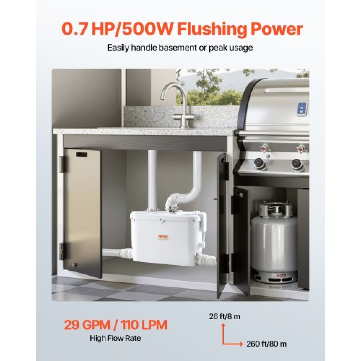 Αντλία VEVOR Macerator, 500W, 110 L/min (29 GPM) Ροή, 26 ft/8 m Κεφαλή, αντλία αποχέτευσης αποχέτευσης με 4 εισόδους νερού, Μηχάνημα απόρριψης λυμάτων για κουζίνα, υπόγειο, ντους, νεροχύτη, πλυντήριο ρούχων, μπανιέρα