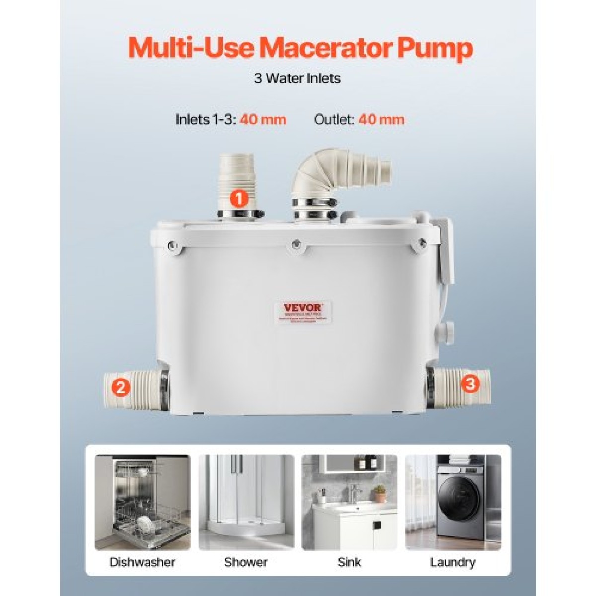 Αντλία VEVOR Macerator, 500W, 110 L/min (29 GPM) Ροή, 26 ft/8 m Κεφαλή, αντλία αποχέτευσης αποχέτευσης με 4 εισόδους νερού, Μηχάνημα απόρριψης λυμάτων για κουζίνα, υπόγειο, ντους, νεροχύτη, πλυντήριο ρούχων, μπανιέρα