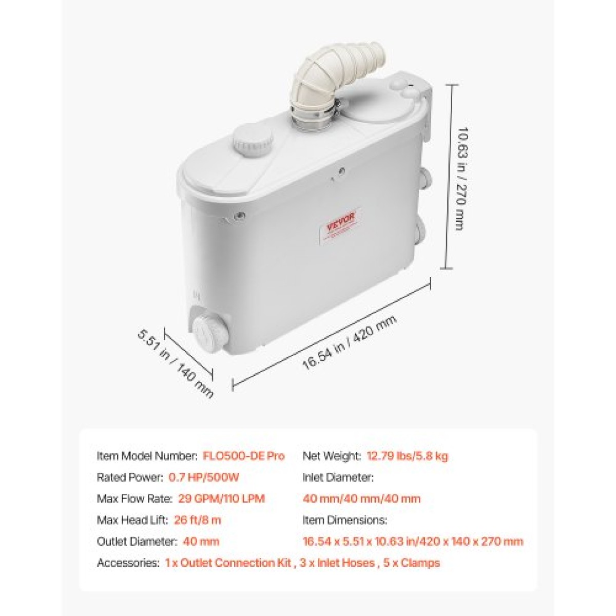 Αντλία VEVOR Macerator, 500W, 110 L/min (29 GPM) Ροή, 26 ft/8 m Κεφαλή, αντλία αποχέτευσης αποχέτευσης με 4 εισόδους νερού, Μηχάνημα απόρριψης λυμάτων για κουζίνα, υπόγειο, ντους, νεροχύτη, πλυντήριο ρούχων, μπανιέρα