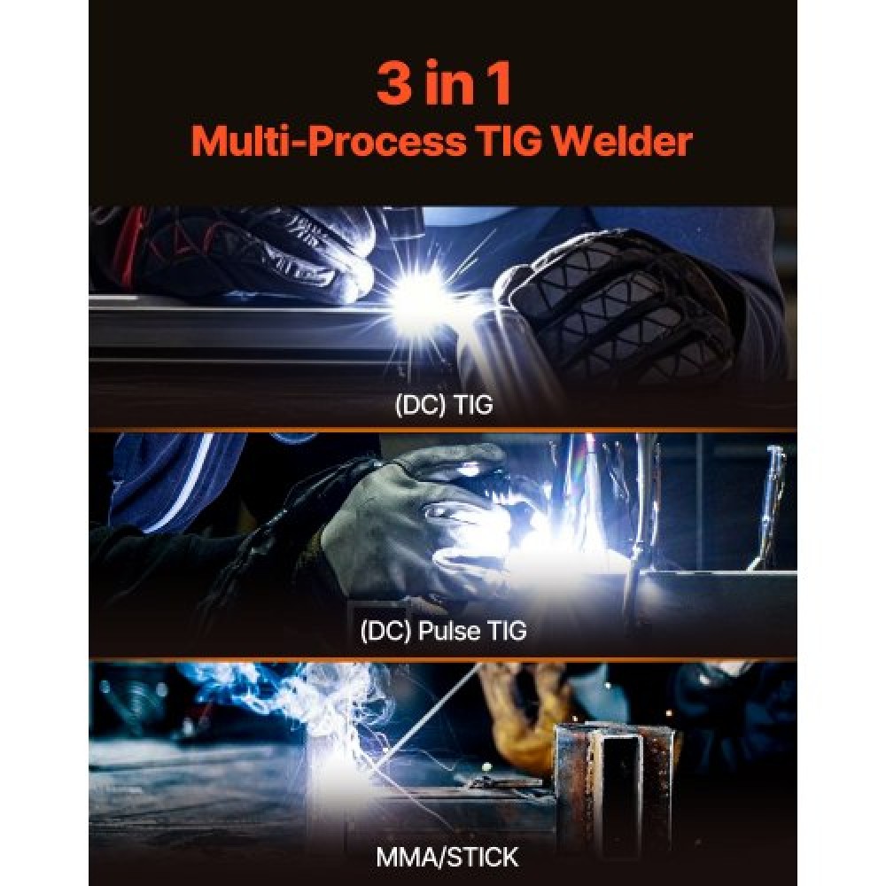VEVOR TIG Welder, 205A 3-in-1 Welding Machine (μεγάλη οθόνη LED)- DC TIG/DC Pulse TIG/MMA(Stick), Ηλεκτρικός συγκολλητής με εκκίνηση υψηλής συχνότητας IGBT Inverter