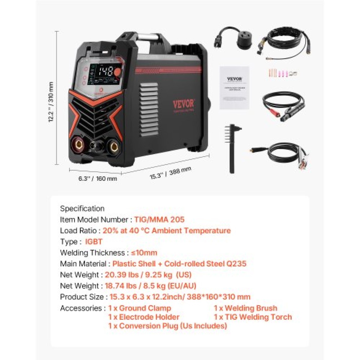 VEVOR TIG Welder, 205A 3-in-1 Welding Machine (μεγάλη οθόνη LED)- DC TIG/DC Pulse TIG/MMA(Stick), Ηλεκτρικός συγκολλητής με εκκίνηση υψηλής συχνότητας IGBT Inverter