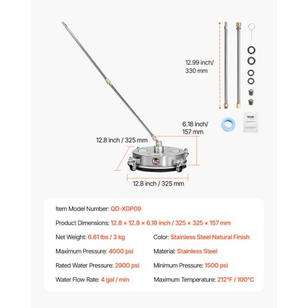 VEVOR 14" Καθαριστικό επιφάνειας πλύσης πίεσης, εξαρτήματα πλύσης πίεσης από ανοξείδωτο χάλυβα με 4 τροχούς, 4000 Max PSI, 1/4 Quick Connector, 2 ακροφύσια ψεκασμού, 2 εκτεταμένες ράβδους για σκυρόδεμα, βεράντα, κατάστρωμα