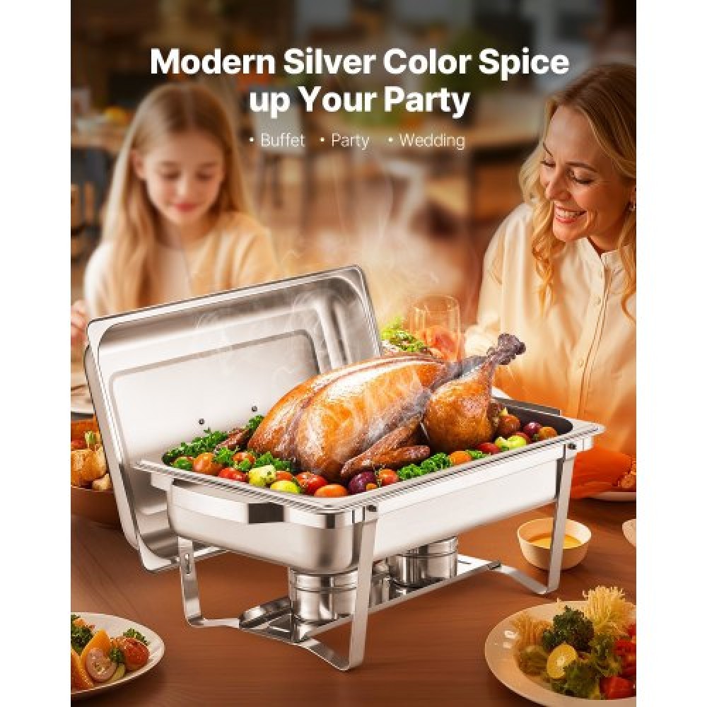 VEVOR Chafing Dish Dish Buffet Set, 8 Qt 6 Pack, Chafer από ανοξείδωτο χάλυβα με 6 τηγάνια πλήρους μεγέθους, Ορθογώνιος διακομιστής Catering Warmer με Καπάκι Water Pan Stand Θήκη καυσίμου, για Γαμήλια πάρτι Δείπνα, Ασημί
