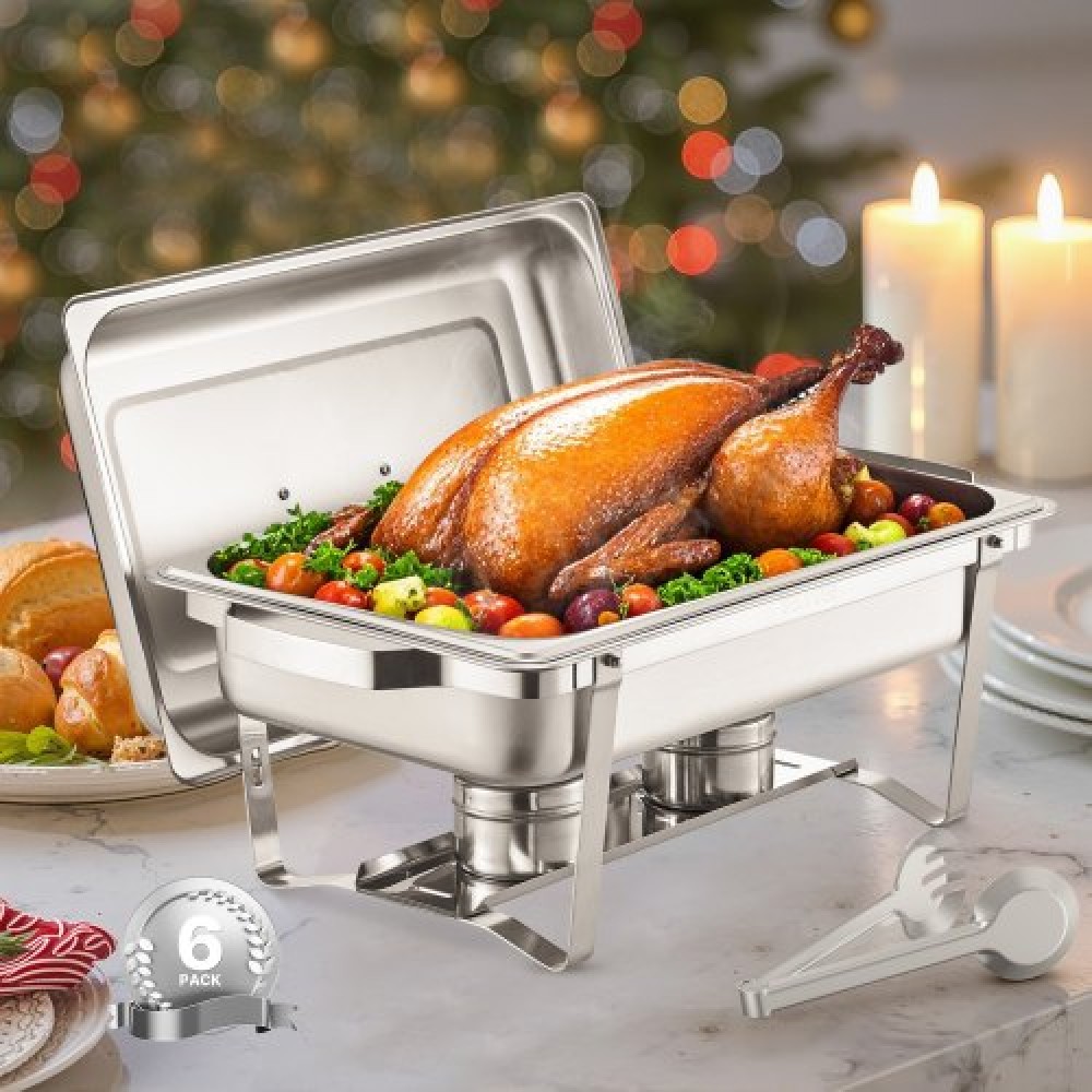 VEVOR Chafing Dish Dish Buffet Set, 8 Qt 6 Pack, Chafer από ανοξείδωτο χάλυβα με 6 τηγάνια πλήρους μεγέθους, Ορθογώνιος διακομιστής Catering Warmer με Καπάκι Water Pan Stand Θήκη καυσίμου, για Γαμήλια πάρτι Δείπνα, Ασημί