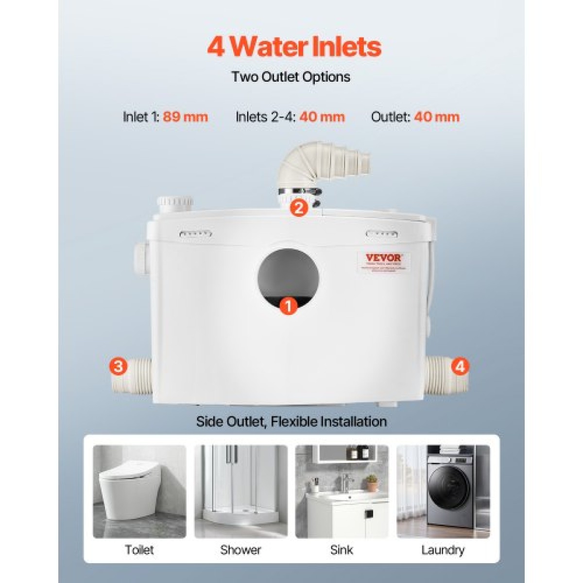 VEVOR Macerator Pump, 1200W, 180 L/min (48 GPM) Ροή, 33 ft/10 m Head, Macerator Sewerage Pump Toilet with 4 Waters Instructions, Upflush Machine Way Discovery Water for Toilet, Υπόγειο, Ντους, Νιπτήρας, Πλυντήριο ρούχων, Μπανιέρα