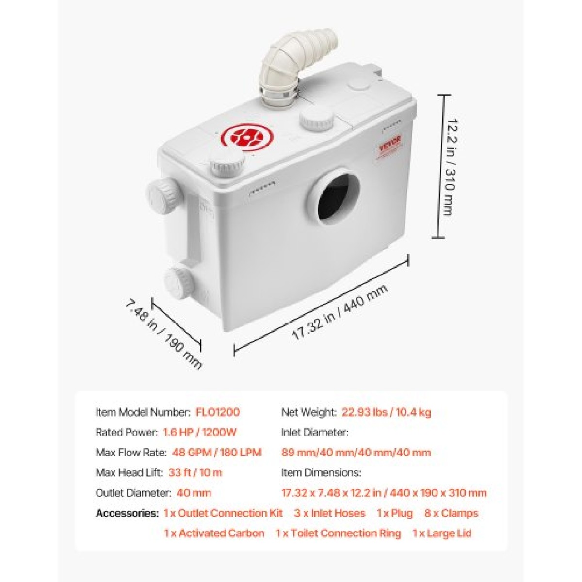 VEVOR Macerator Pump, 1200W, 180 L/min (48 GPM) Ροή, 33 ft/10 m Head, Macerator Sewerage Pump Toilet with 4 Waters Instructions, Upflush Machine Way Discovery Water for Toilet, Υπόγειο, Ντους, Νιπτήρας, Πλυντήριο ρούχων, Μπανιέρα