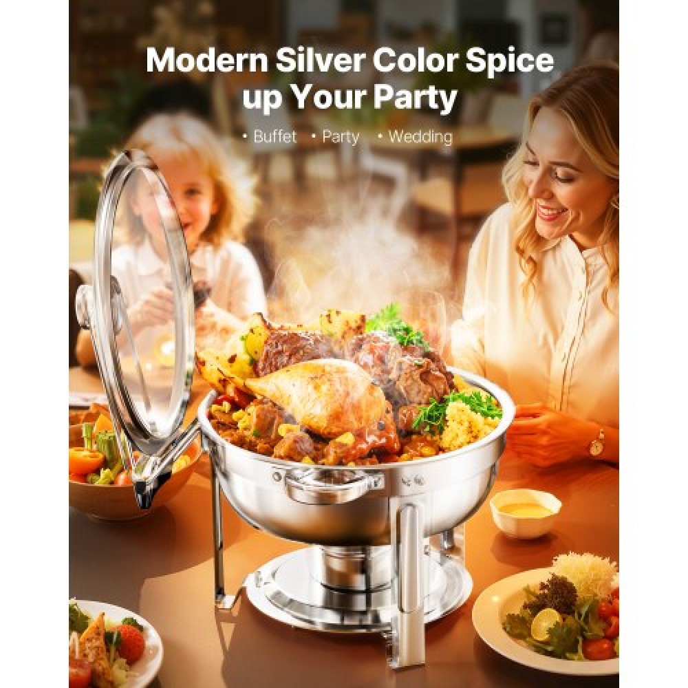VEVOR Chafing Dish Dish Buffet Set, 5 Qt 4 Pack, Chafer από ανοξείδωτο ατσάλι με 4 τηγάνι πλήρους μεγέθους, στρογγυλός θερμαντήρας catering με γυάλινο καπάκι Πτυσσόμενη βάση καυσίμου, για δείπνο σε γαμήλια δεξίωση