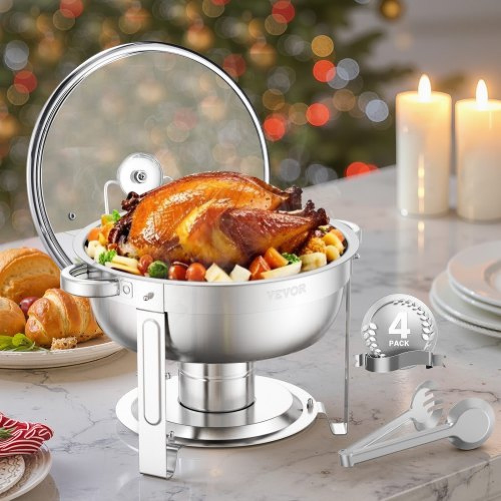 VEVOR Chafing Dish Dish Buffet Set, 5 Qt 4 Pack, Chafer από ανοξείδωτο ατσάλι με 4 τηγάνι πλήρους μεγέθους, στρογγυλός θερμαντήρας catering με γυάλινο καπάκι Πτυσσόμενη βάση καυσίμου, για δείπνο σε γαμήλια δεξίωση