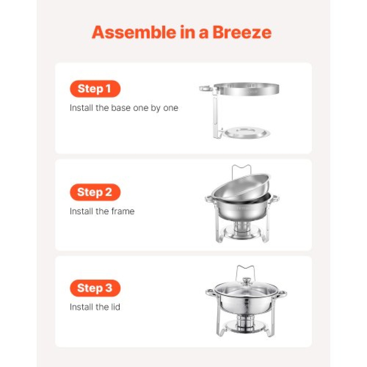VEVOR Chafing Dish Dish Buffet Set, 5 Qt 4 Pack, Chafer από ανοξείδωτο ατσάλι με 4 τηγάνι πλήρους μεγέθους, στρογγυλός θερμαντήρας catering με γυάλινο καπάκι Πτυσσόμενη βάση καυσίμου, για δείπνο σε γαμήλια δεξίωση
