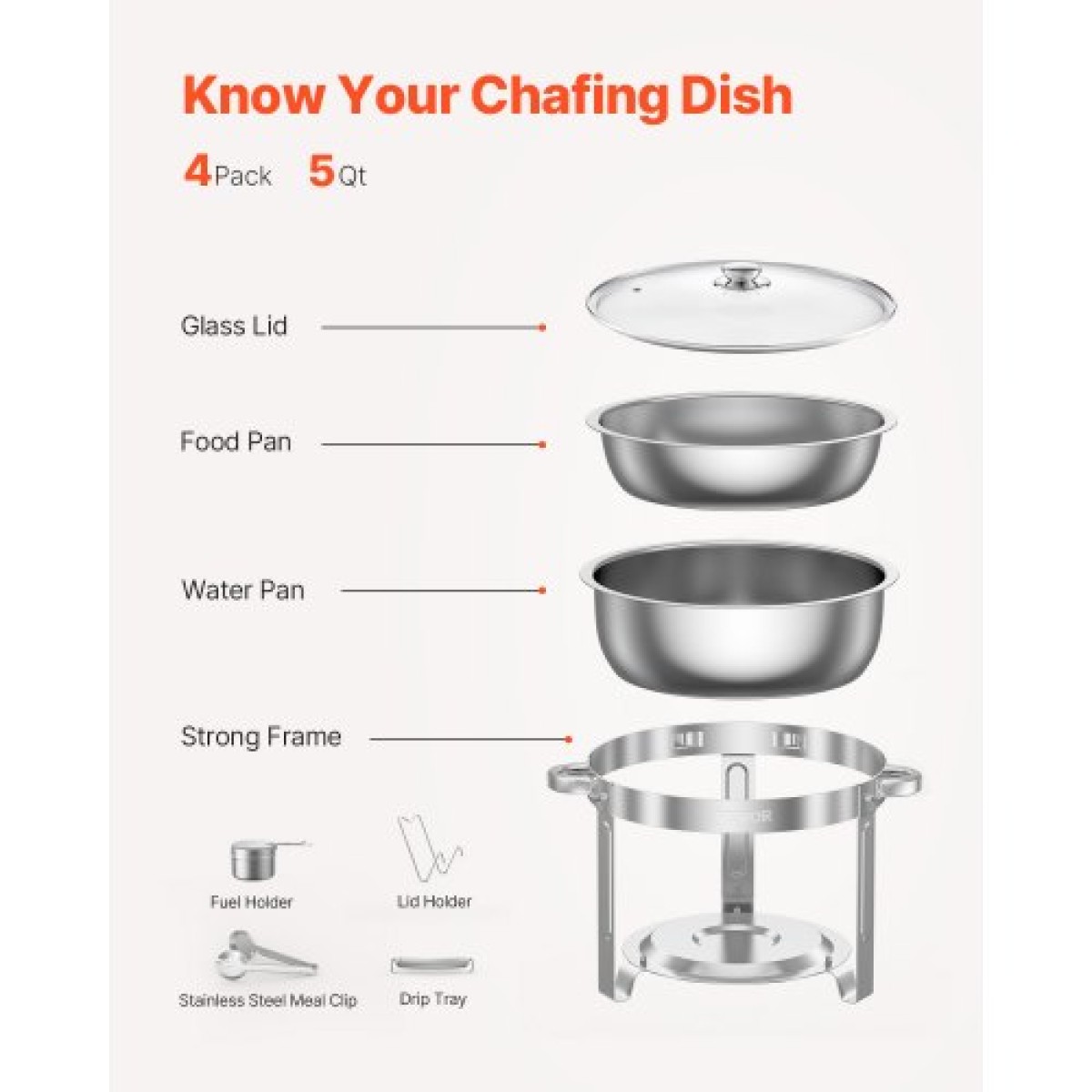 VEVOR Chafing Dish Dish Buffet Set, 5 Qt 4 Pack, Chafer από ανοξείδωτο ατσάλι με 4 τηγάνι πλήρους μεγέθους, στρογγυλός θερμαντήρας catering με γυάλινο καπάκι Πτυσσόμενη βάση καυσίμου, για δείπνο σε γαμήλια δεξίωση