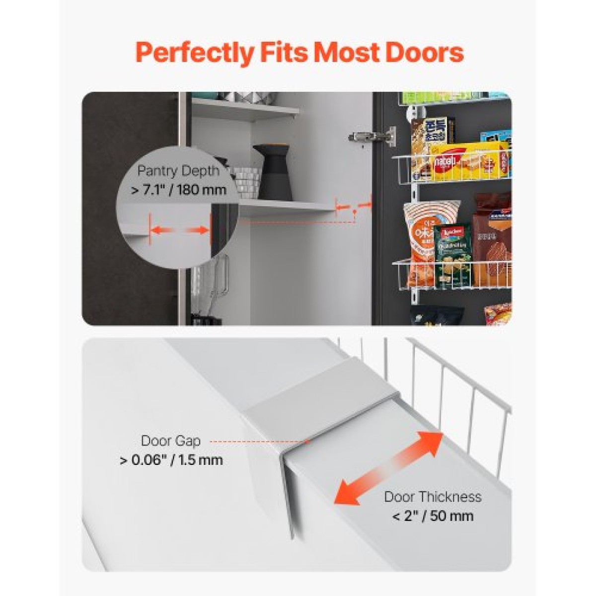 VEVOR Over the Door Pantry Organizer, Οργάνωση και αποθήκευση ντουλαπιών 6 επιπέδων, βαρέως τύπου ατσάλινη κρεμαστή σχάρα μπαχαρικών, ρυθμιζόμενα ράφια μπαχαρικών στον τοίχο, για οικιακή κουζίνα μπάνιο πλυντηρίου, λευκό