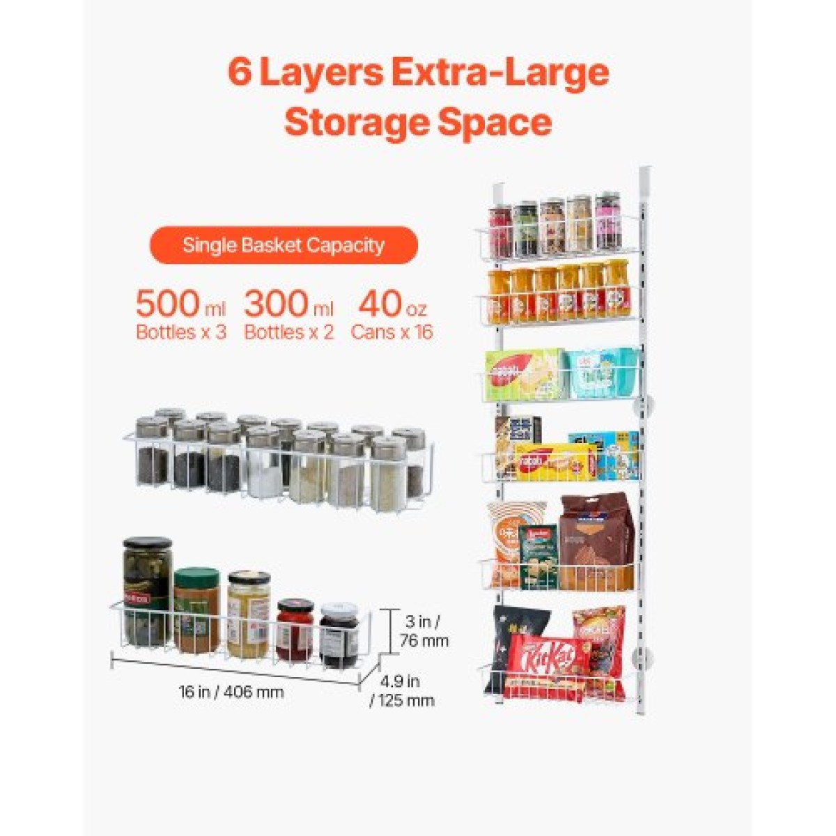 VEVOR Over the Door Pantry Organizer, Οργάνωση και αποθήκευση ντουλαπιών 6 επιπέδων, βαρέως τύπου ατσάλινη κρεμαστή σχάρα μπαχαρικών, ρυθμιζόμενα ράφια μπαχαρικών στον τοίχο, για οικιακή κουζίνα μπάνιο πλυντηρίου, λευκό