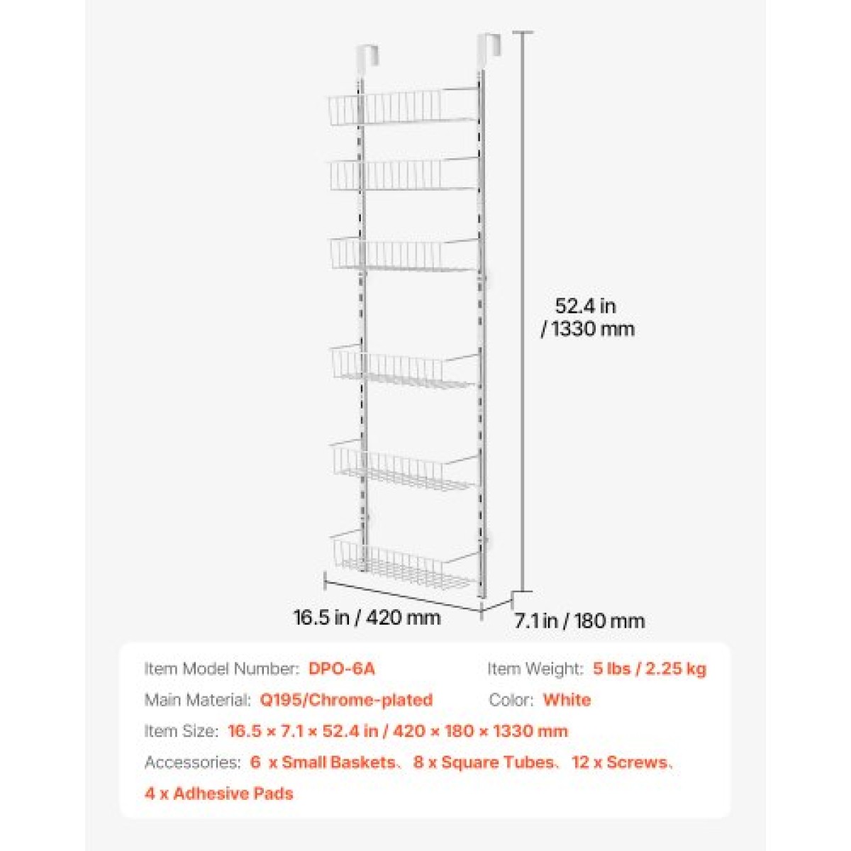 VEVOR Over the Door Pantry Organizer, Οργάνωση και αποθήκευση ντουλαπιών 6 επιπέδων, βαρέως τύπου ατσάλινη κρεμαστή σχάρα μπαχαρικών, ρυθμιζόμενα ράφια μπαχαρικών στον τοίχο, για οικιακή κουζίνα μπάνιο πλυντηρίου, λευκό