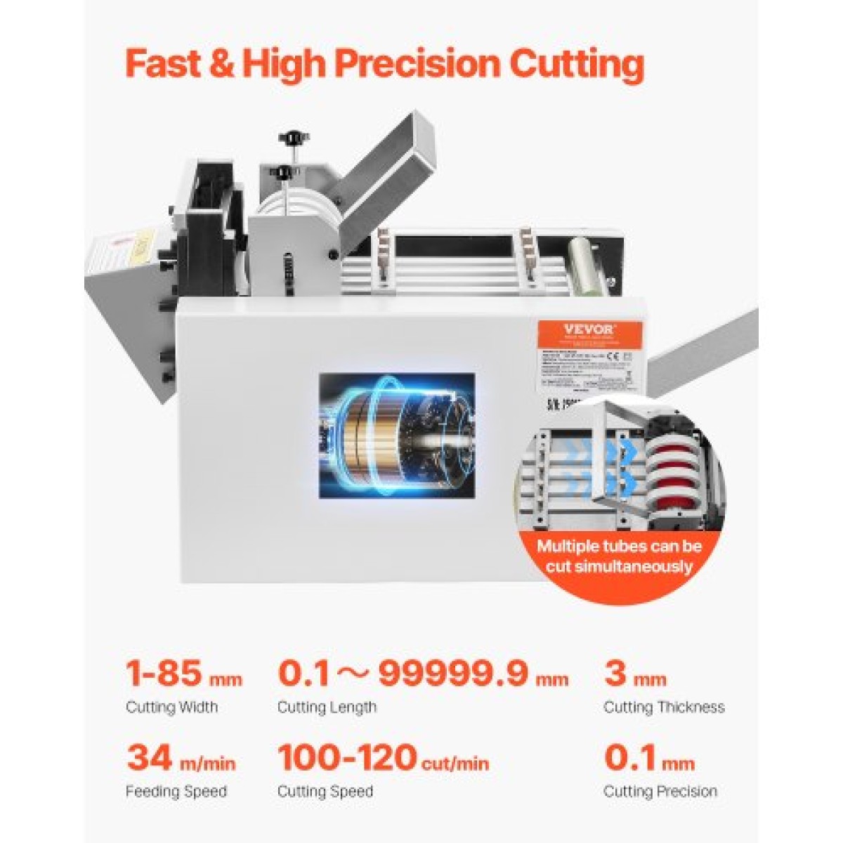 VEVOR Auto Heat-Shrink Tube Cutter, Καλωδιακή μηχανή κοπής σωλήνων με πλάτος κοπής 1mm-85mm, 0,1mm-99999,9mm μήκος, Αυτόματος κόφτης σωλήνων για θερμοσυστελλόμενο σωλήνα, σωλήνας υαλοβάμβακα, καλώδιο, κίτρινοι σωλήνες κεριού