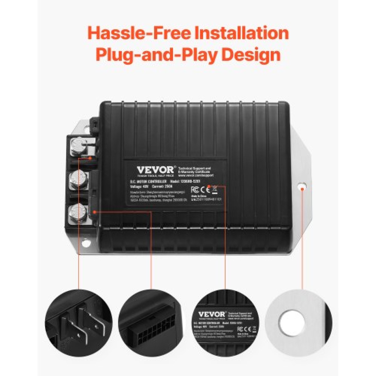 Ελεγκτής ταχύτητας καροτσιών γκολφ VEVOR, 48 Volt & 250 Amp, Αντικατάσταση ελεγκτή κινητήρα συνεχούς ρεύματος για καρότσια γκολφ EZGO TXT, προστασία προστασίας IP65, κράμα αλουμινίου & περίβλημα ABS, συμβατό με μοντέλα 1206HB-5201
