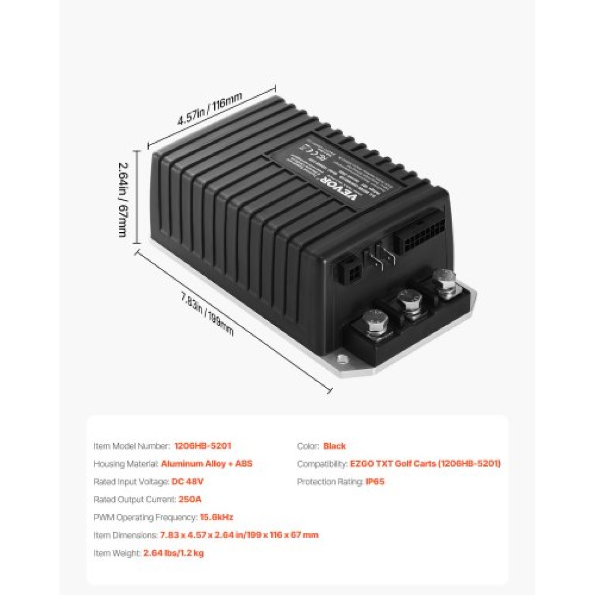 Ελεγκτής ταχύτητας καροτσιών γκολφ VEVOR, 48 Volt & 250 Amp, Αντικατάσταση ελεγκτή κινητήρα συνεχούς ρεύματος για καρότσια γκολφ EZGO TXT, προστασία προστασίας IP65, κράμα αλουμινίου & περίβλημα ABS, συμβατό με μοντέλα 1206HB-5201