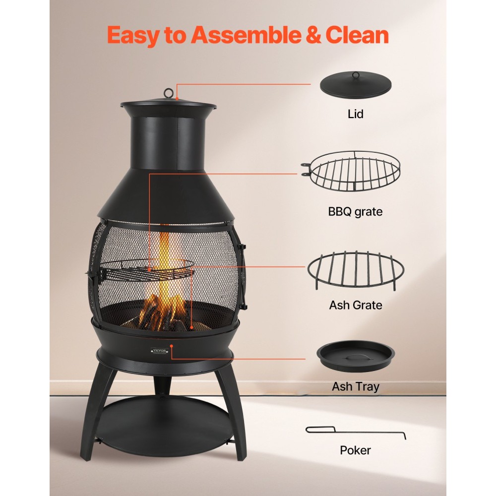 VEVOR Chiminea, τζάκι εξωτερικού χώρου 22 ιντσών, σιδερένιο σφαιρικό τζάκι για μπάρμπεκιου και θέρμανση, ξύλινο τζάκι με πλέγμα ψησίματος, παλτό καπνοδόχου & καπάκι Chiminea ανθεκτικό στη σκουριά, για βεράντα, κήπο, αυλή