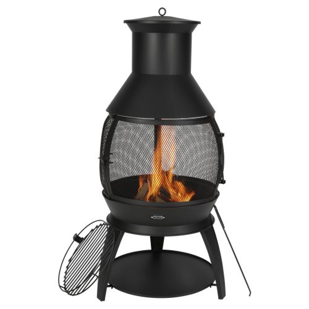 VEVOR Chiminea, τζάκι εξωτερικού χώρου 22 ιντσών, σιδερένιο σφαιρικό τζάκι για μπάρμπεκιου και θέρμανση, ξύλινο τζάκι με πλέγμα ψησίματος, παλτό καπνοδόχου & καπάκι Chiminea ανθεκτικό στη σκουριά, για βεράντα, κήπο, αυλή
