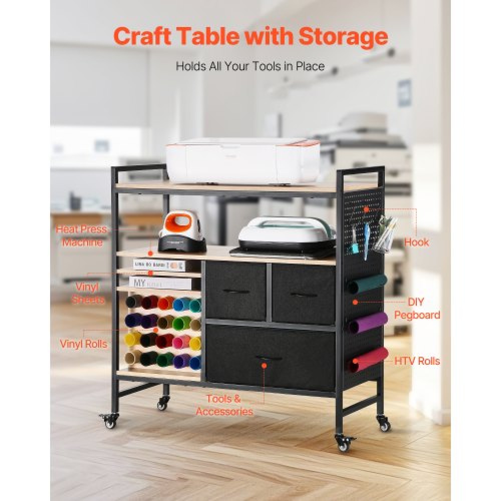 VEVOR Rolling Craft Cart and Storage Table, Συμβατό με Cricut Machines, Crafting Table Organizer Workstation, Craft Rolling Storage Organizer με 20 θήκες για ρολά βινυλίου και 3 συρτάρια, μαύρο