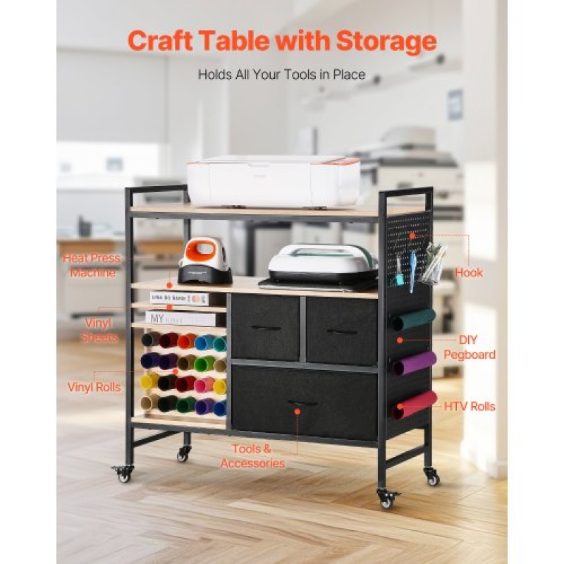 VEVOR Rolling Craft Cart and Storage Table, Συμβατό με Cricut Machines, Crafting Table Organizer Workstation, Craft Rolling Storage Organizer με 20 θήκες για ρολά βινυλίου και 3 συρτάρια, μαύρο