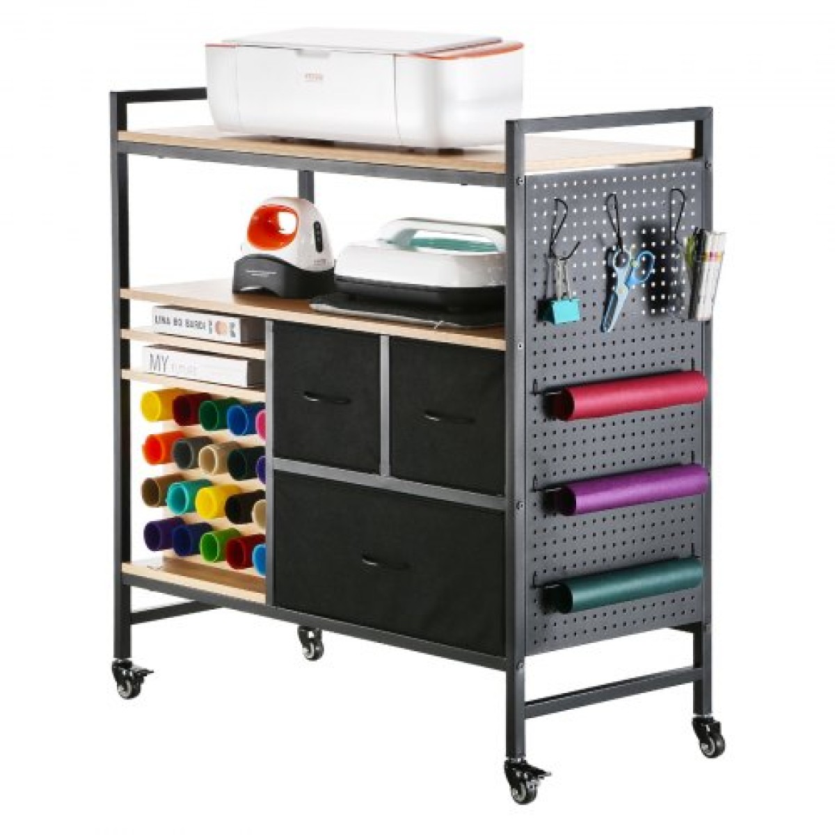 VEVOR Rolling Craft Cart and Storage Table, Συμβατό με Cricut Machines, Crafting Table Organizer Workstation, Craft Rolling Storage Organizer με 20 θήκες για ρολά βινυλίου και 3 συρτάρια, μαύρο