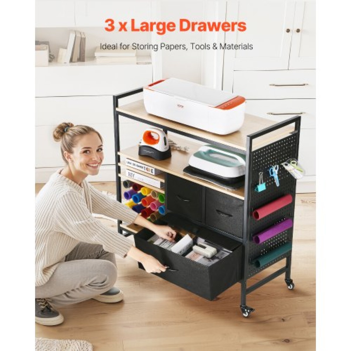 VEVOR Rolling Craft Cart and Storage Table, Συμβατό με Cricut Machines, Crafting Table Organizer Workstation, Craft Rolling Storage Organizer με 20 θήκες για ρολά βινυλίου και 3 συρτάρια, μαύρο