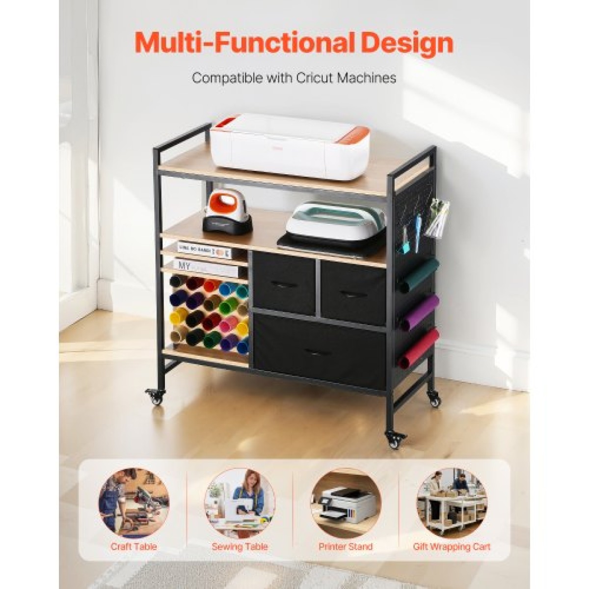 VEVOR Rolling Craft Cart and Storage Table, Συμβατό με Cricut Machines, Crafting Table Organizer Workstation, Craft Rolling Storage Organizer με 20 θήκες για ρολά βινυλίου και 3 συρτάρια, μαύρο