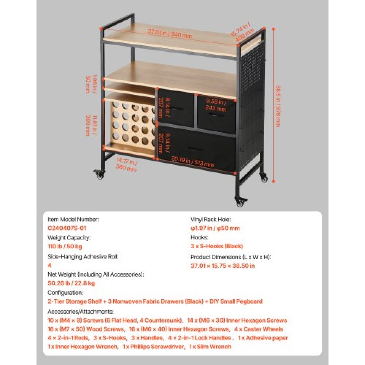 VEVOR Rolling Craft Cart and Storage Table, Συμβατό με Cricut Machines, Crafting Table Organizer Workstation, Craft Rolling Storage Organizer με 20 θήκες για ρολά βινυλίου και 3 συρτάρια, μαύρο