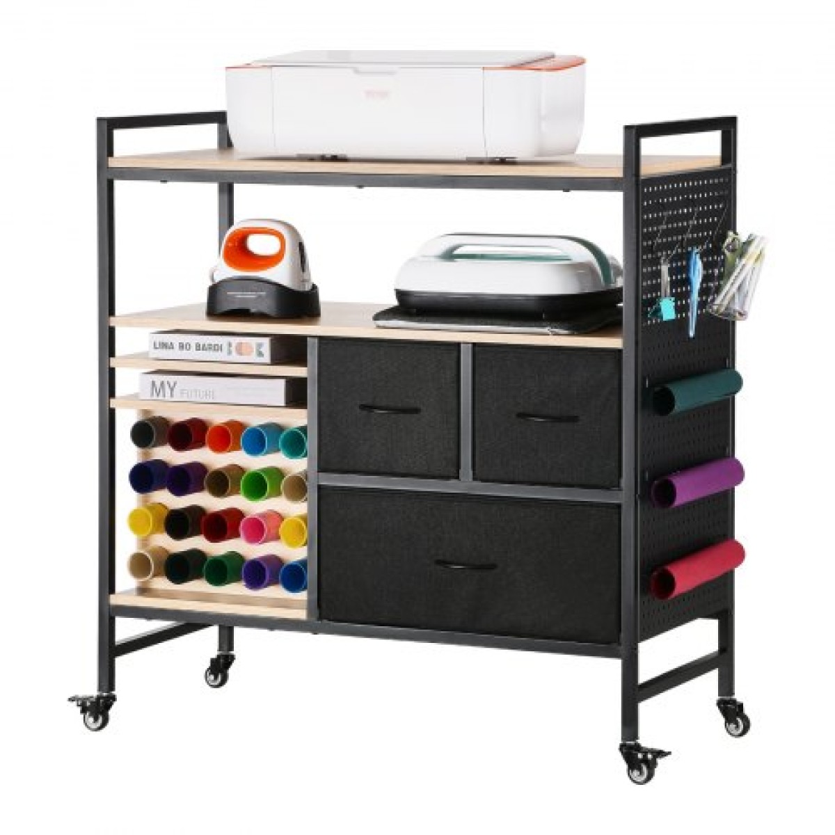 VEVOR Rolling Craft Cart and Storage Table, Συμβατό με Cricut Machines, Crafting Table Organizer Workstation, Craft Rolling Storage Organizer με 20 θήκες για ρολά βινυλίου και 3 συρτάρια, μαύρο