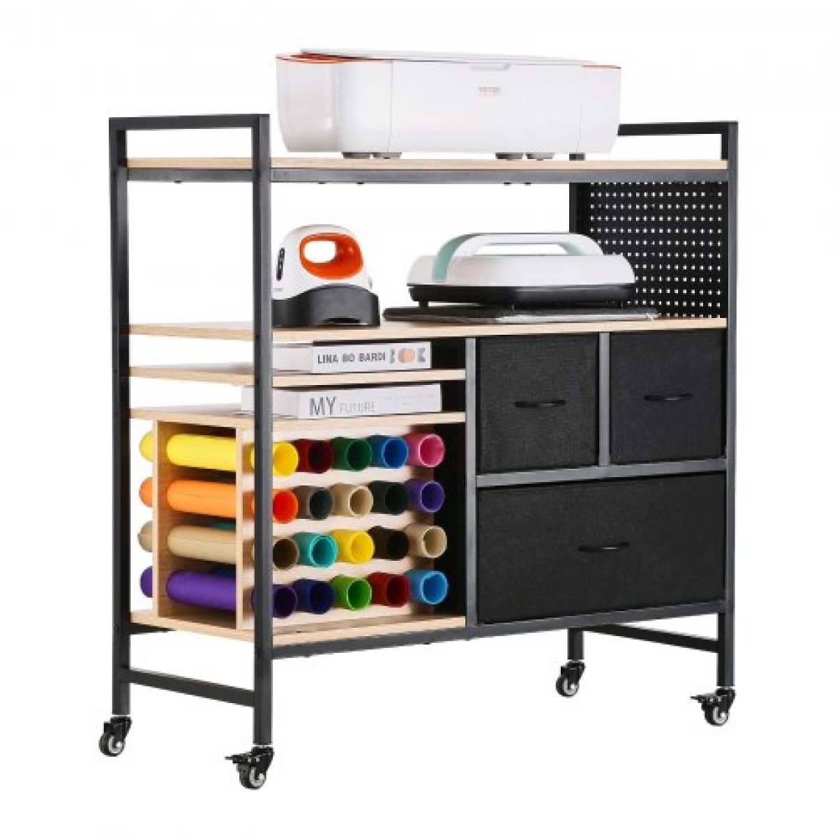VEVOR Rolling Craft Cart and Storage Table, Συμβατό με Cricut Machines, Crafting Table Organizer Workstation, Craft Rolling Storage Organizer με 20 θήκες για ρολά βινυλίου και 3 συρτάρια, μαύρο