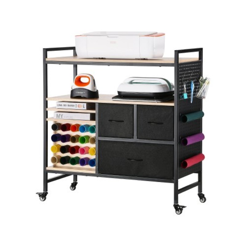 VEVOR Rolling Craft Cart and Storage Table, Συμβατό με Cricut Machines, Crafting Table Organizer Workstation, Craft Rolling Storage Organizer με 20 θήκες για ρολά βινυλίου και 3 συρτάρια, μαύρο