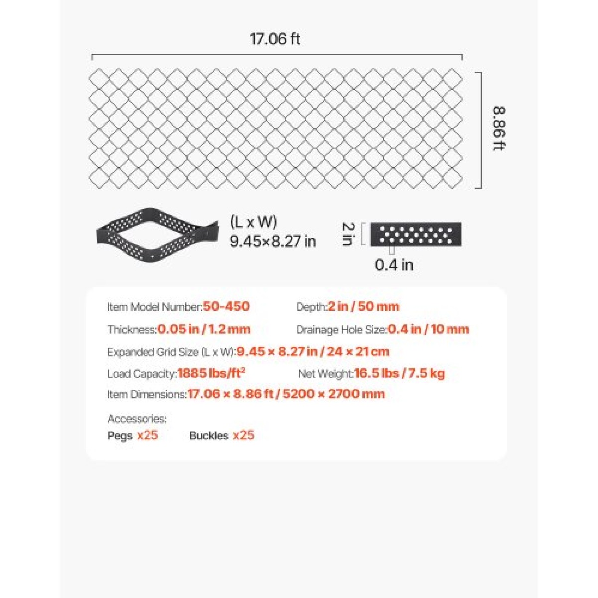 VEVOR Gravel Grid, 2 inch Depth, 17,06 x 8,86 FT / 5200 x 2700 mm, 1880 LBS Per Sq ft Grass Ground Retainer, Permeable Geo Grids Driveway Stabilization, for Garden, Patio, Walkway, RV Parking Slopes