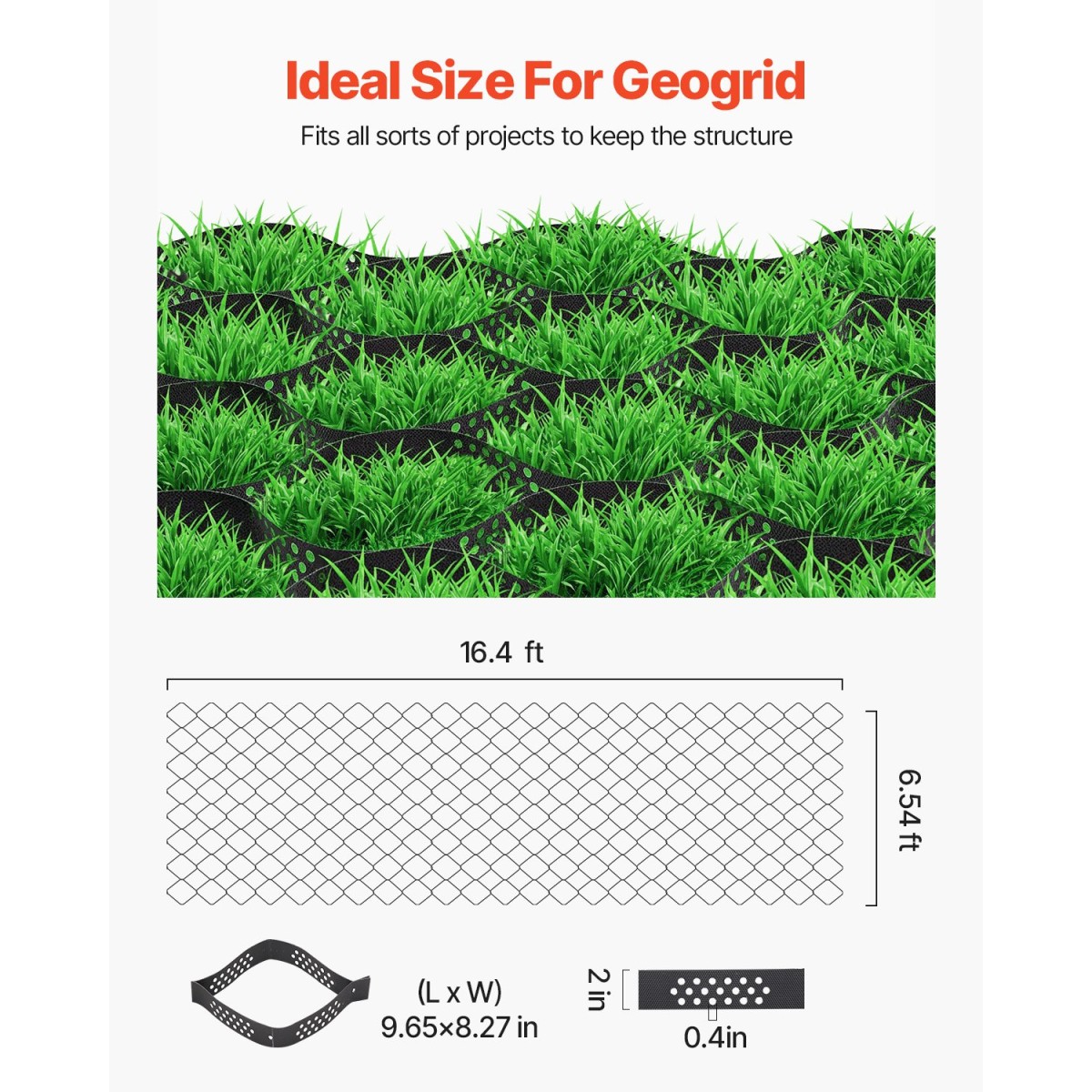 VEVOR Gravel Grid, 2 Inch Depth, 16,4 x 6,5 FT / 5000 x 1980 mm, 1880 LBS Per Sq ft Grass Ground Retainer, Permeable Geo Grids Driveway Stabilization, for Garden, Patio, Walkway, RV Parking Slopes