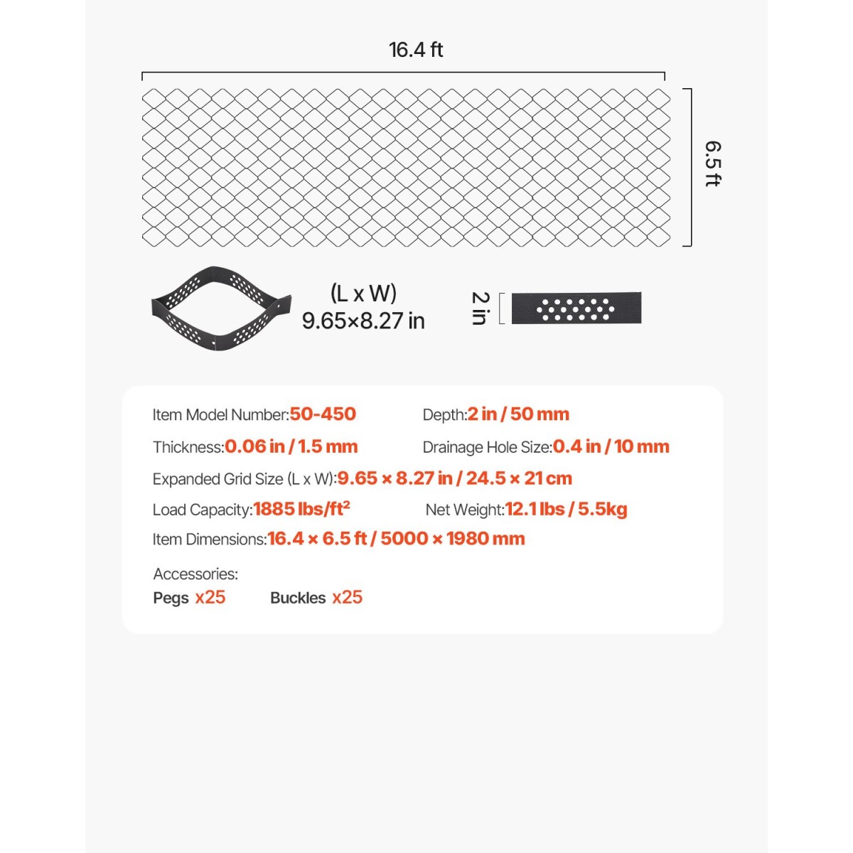 VEVOR Gravel Grid, 2 Inch Depth, 16,4 x 6,5 FT / 5000 x 1980 mm, 1880 LBS Per Sq ft Grass Ground Retainer, Permeable Geo Grids Driveway Stabilization, for Garden, Patio, Walkway, RV Parking Slopes
