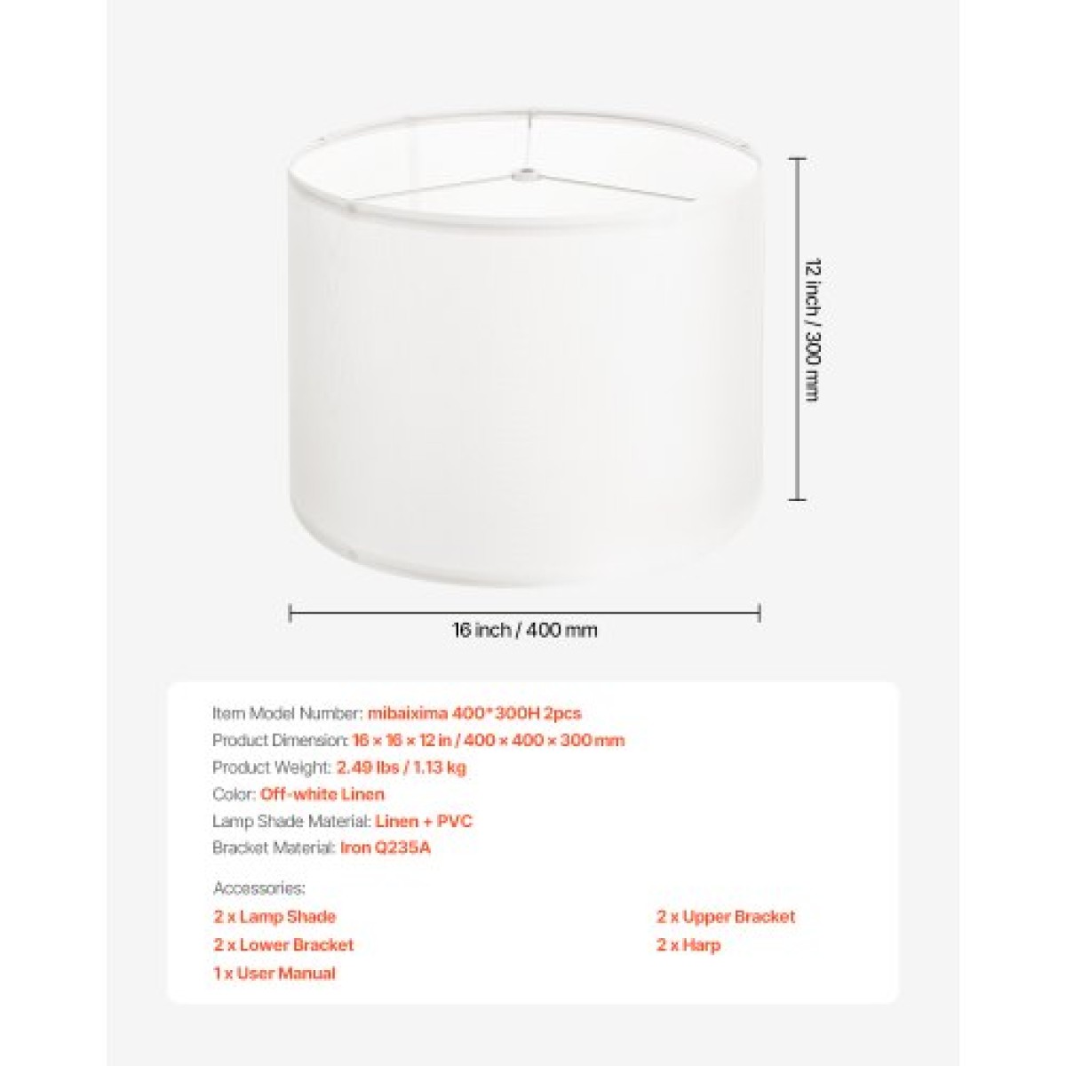 VEVOR Drum Lamp Shade 2 Set, 16 in Top x 16 in Bottom x 12 in High, Large Lampshade with Harp, Ανταλλακτικό φωτιστικό για επιτραπέζια φωτιστικά Φωτιστικά δαπέδου Κρεμαστά φώτα, Απαιτείται εύκολη συναρμολόγηση (εκρού)