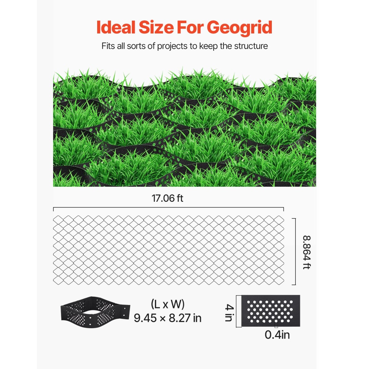 VEVOR Gravel Grid, 4 Inch Depth, 17,06 x 8,86 FT / 5200 x 2700 mm, 1880 LBS Per Sq ft Grass Ground Retainer, Permeable Geo Grids Driveway Stabilization, for Garden, Patio, Walkway, RV Parking Slopes