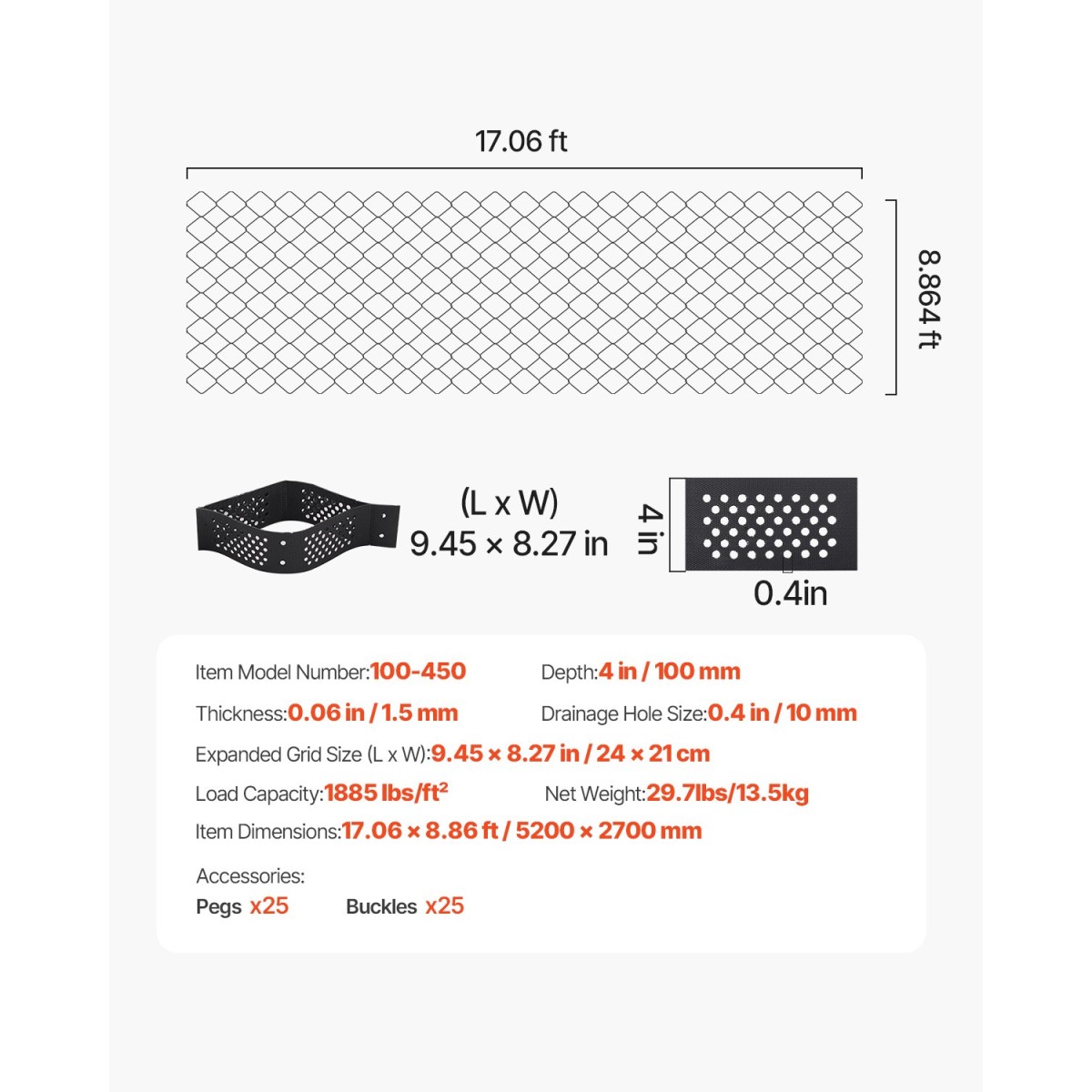VEVOR Gravel Grid, 4 Inch Depth, 17,06 x 8,86 FT / 5200 x 2700 mm, 1880 LBS Per Sq ft Grass Ground Retainer, Permeable Geo Grids Driveway Stabilization, for Garden, Patio, Walkway, RV Parking Slopes