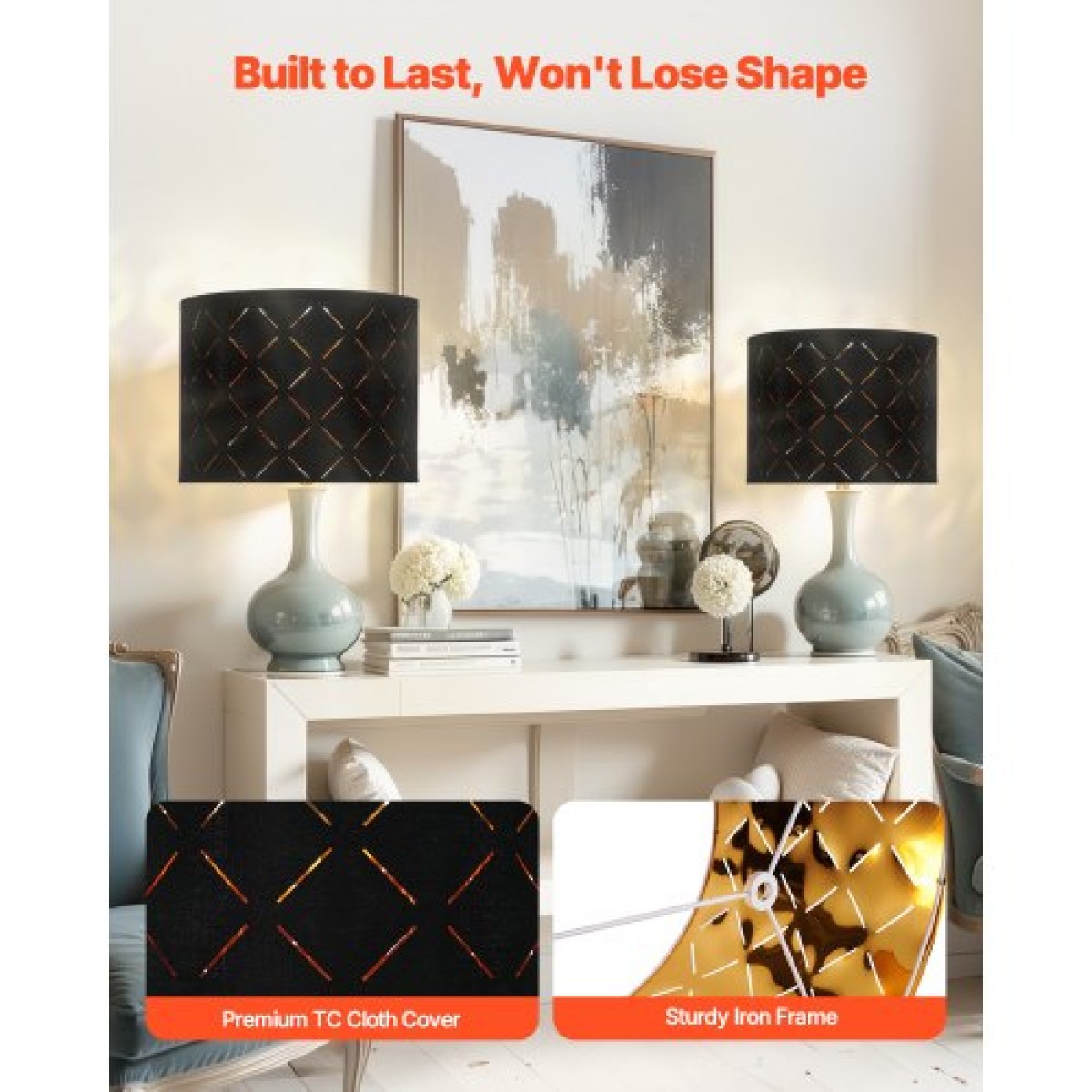VEVOR Drum Lamp Shade 2 Set, 13 in Top x 13 in Bottom x 10 in High, Medium Drum Lampshade with Harp, Ανταλλακτικό φωτιστικό για επιτραπέζιες λάμπες Φωτιστικά δαπέδου Κρεμαστά φώτα, Μαύρο Diamond Κοίλο σχέδιο