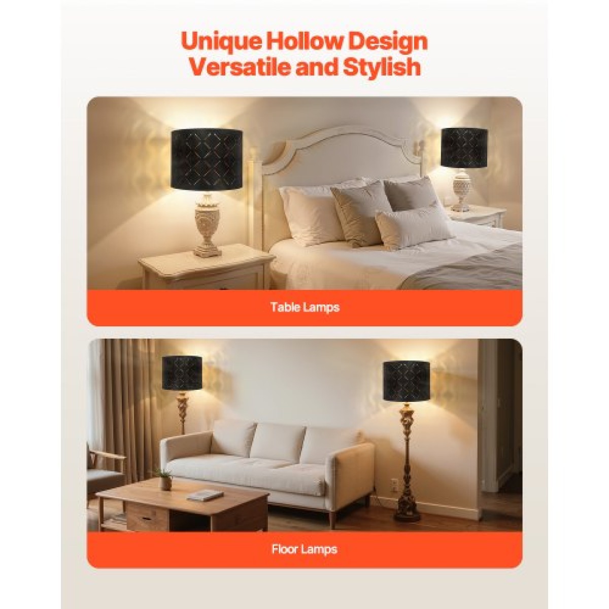 VEVOR Drum Lamp Shade 2 Set, 13 in Top x 13 in Bottom x 10 in High, Medium Drum Lampshade with Harp, Ανταλλακτικό φωτιστικό για επιτραπέζιες λάμπες Φωτιστικά δαπέδου Κρεμαστά φώτα, Μαύρο Diamond Κοίλο σχέδιο