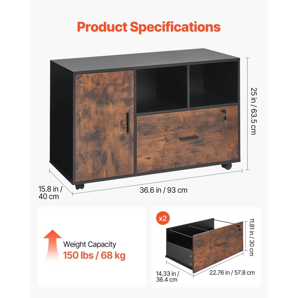 Ξύλινο ντουλάπι αρχείων VEVOR, Κινητό ντουλάπι αρχειοθέτησης με ανοιχτά ράφια, πλευρική αποθήκευση αρχείων κυλίνδρου με δυνατότητα κλειδώματος με ρυθμιζόμενα ράφια, βάση εκτυπωτή για το σπίτι, το γραφείο, το σχολείο, το ρουστίκ καφέ