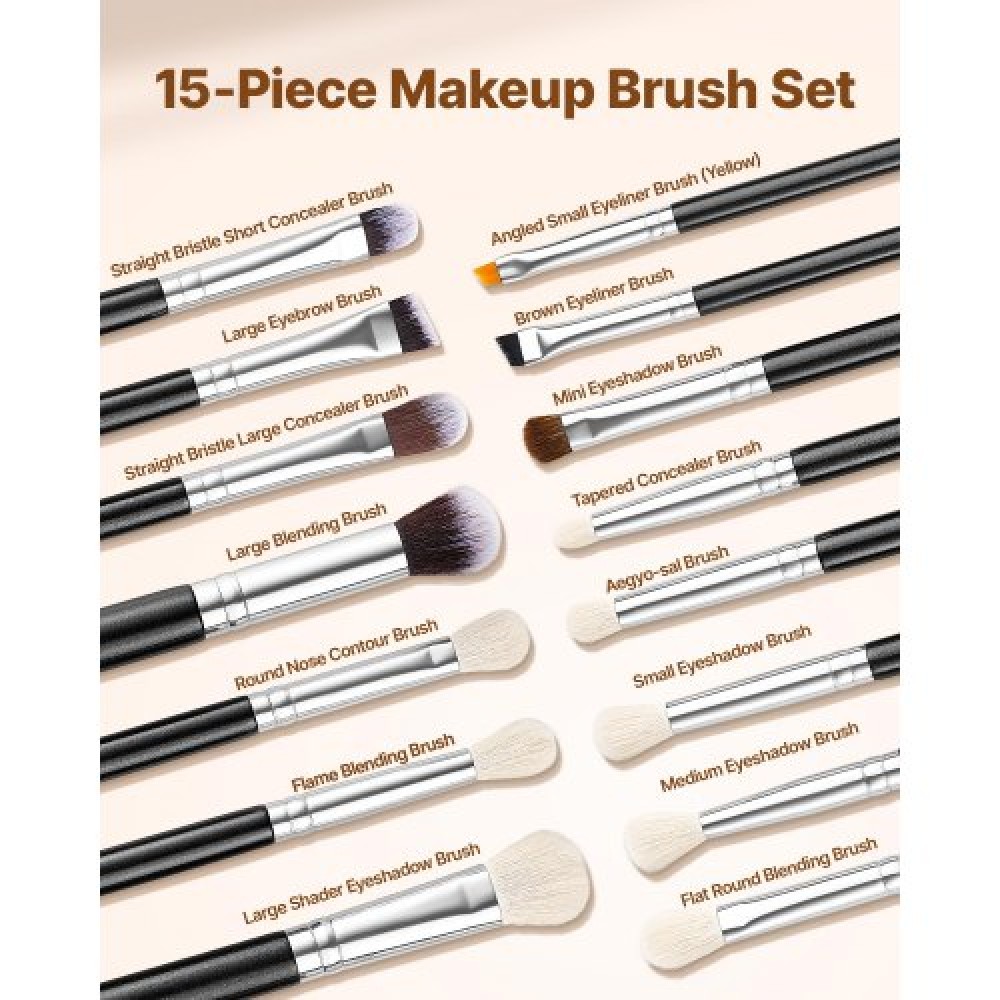 VEVOR 15PCS Makeup Brush Set for Foundation Blending Eyeshadow with Soft Bristle