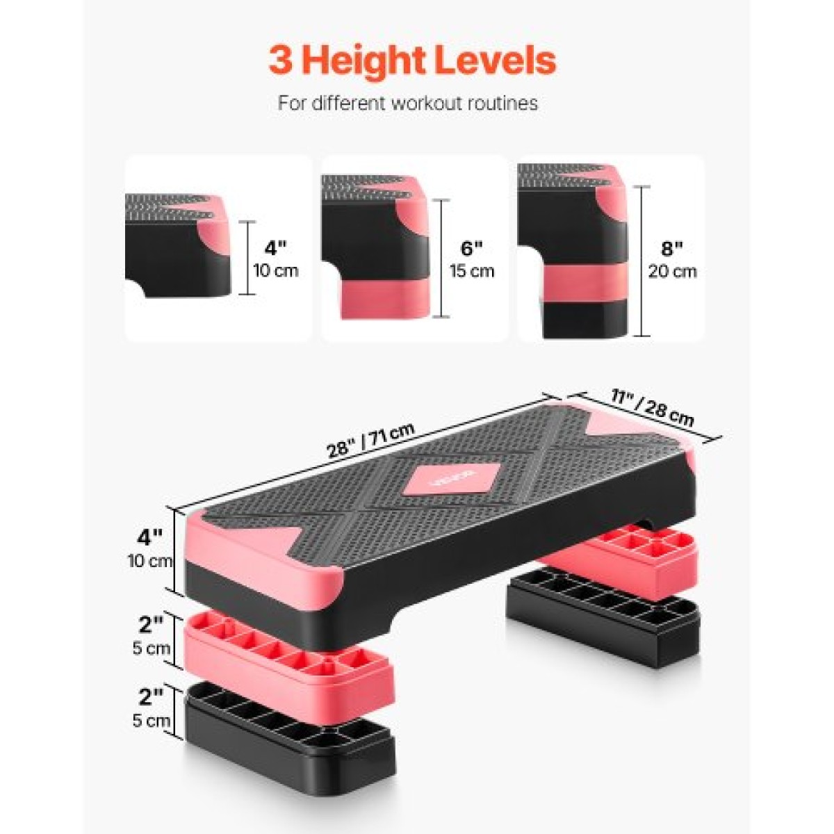 VEVOR Aerobic Step Platform, Aerobic Stepper προπόνησης 28 ιντσών, ρυθμιζόμενο ύψος προπόνησης γυμναστικής Step Deck Trainer με 4 ανυψωτικά, Αντιολισθητικός πάγκος επιφανείας για Home Gym Cardio Strength, κόκκινο