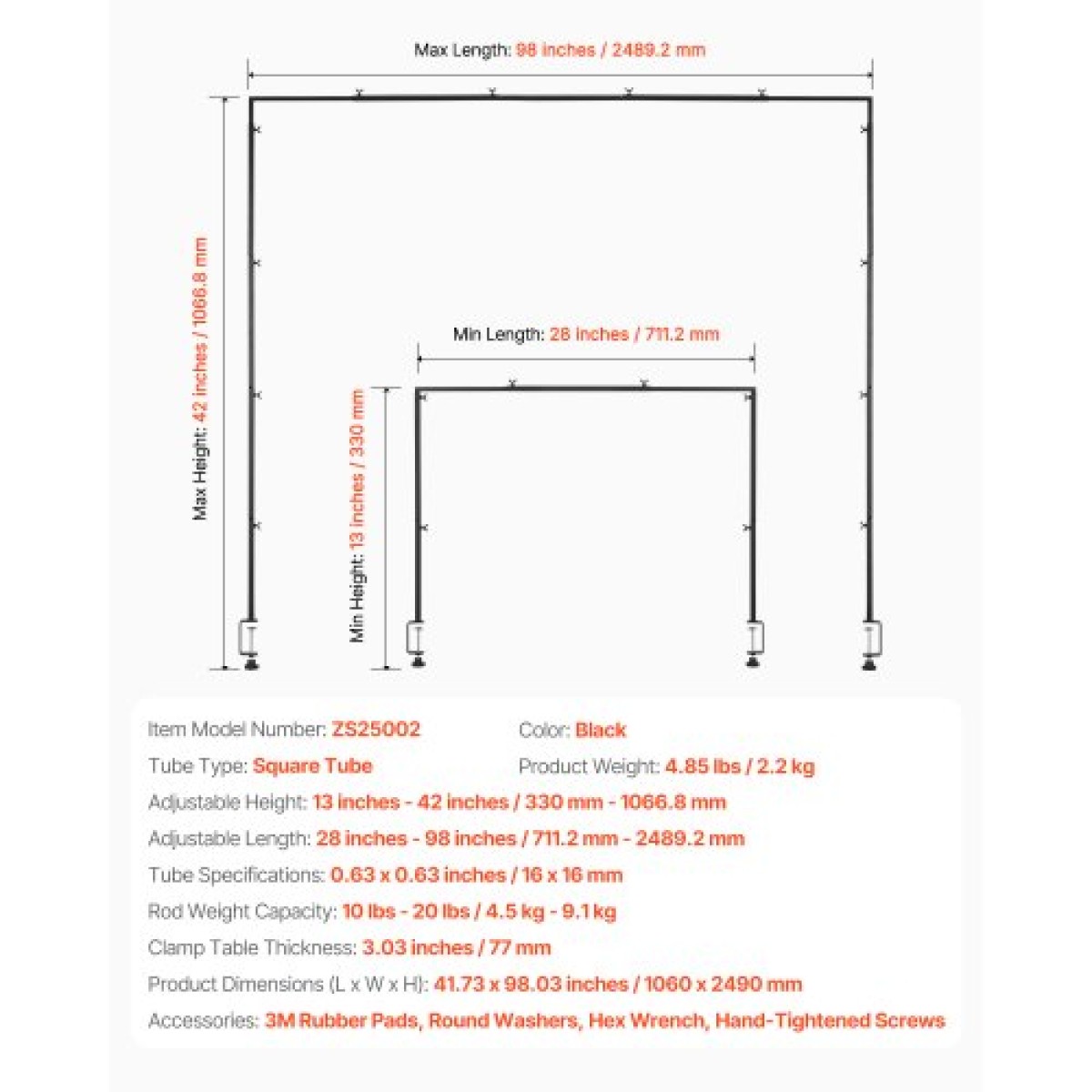 Βάση VEVOR Over The Table Rod με σφιγκτήρες, 13"-42" ψηλό & 28"-98" μήκος ρυθμιζόμενο, μεταλλική επιτραπέζια βάση καμάρας, επιτραπέζια καμάρα από μπαλόνι πλαίσιο για χριστουγεννιάτικα στολίδια πάρτι γενεθλίων γάμου, μαύρο