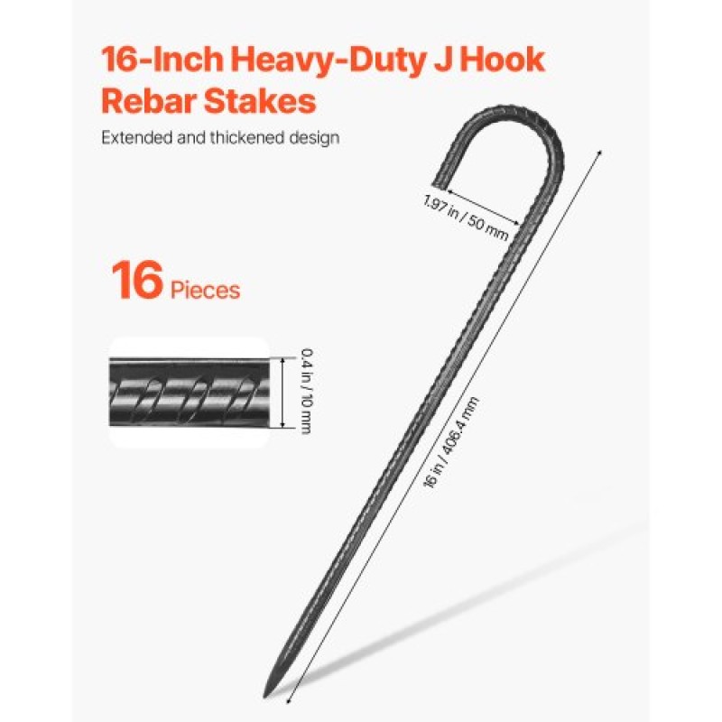 VEVOR 16-Inch 16 Pack Rebar Stakes Heavy Duty J Hook Galvanized Ground Anchors