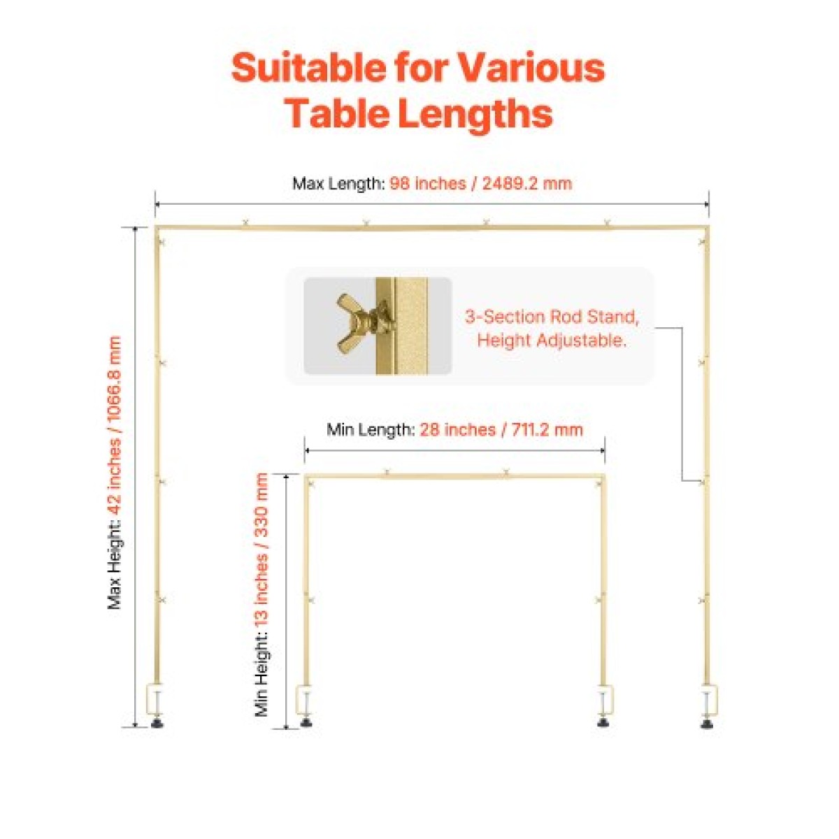 VEVOR Over The Table Rod Stand με σφιγκτήρες, 13"-42" Tall & 28"-98" Length Ρυθμιζόμενο, Μεταλλική επιτραπέζια βάση καμάρας με μπαστούνι, επιτραπέζιο μπαλόνι καμάρας πλαίσιο για Χριστουγεννιάτικα στολίδια γενεθλίων γάμου, χρυσό