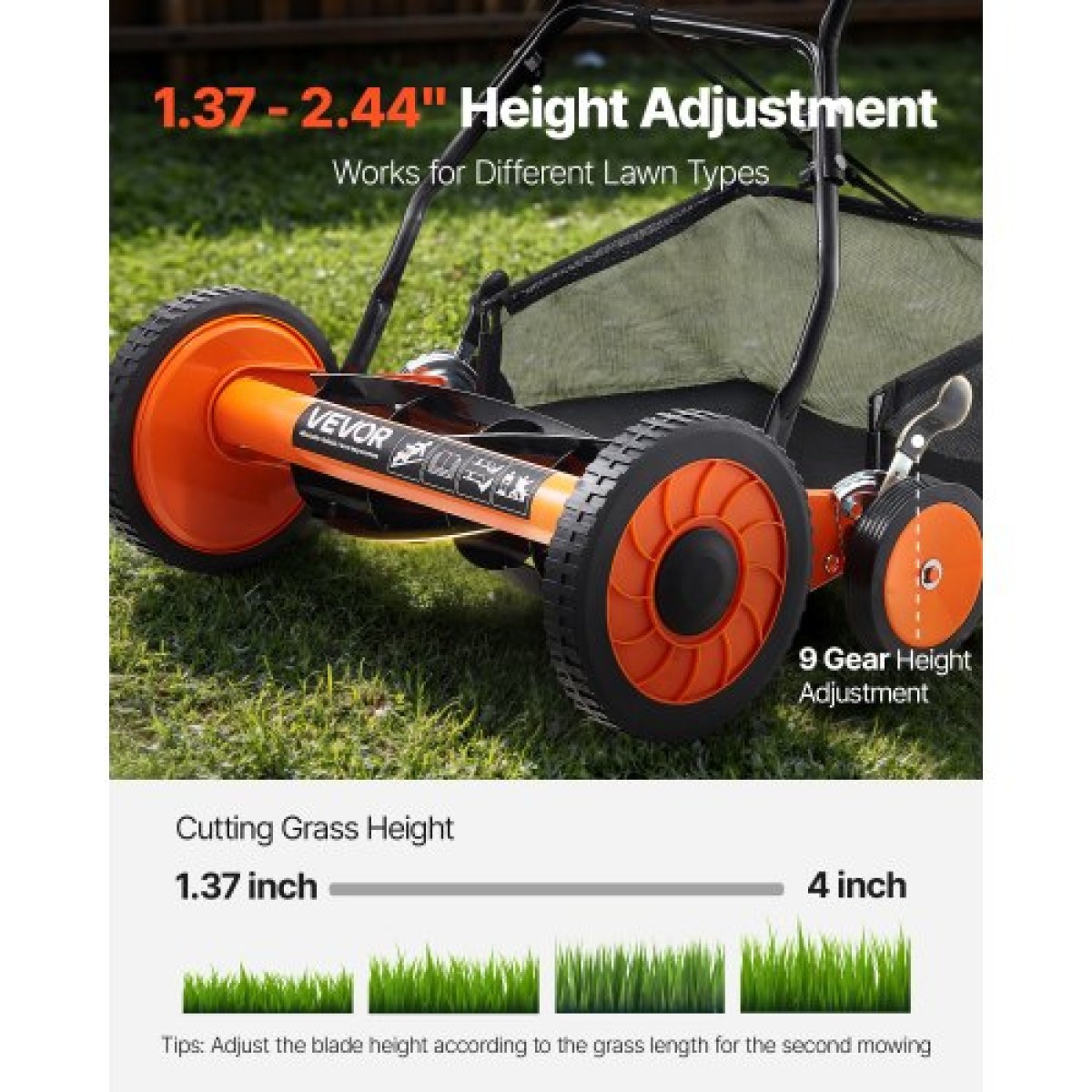 Χλοοκοπτική μηχανή γκαζόν VEVOR Push Reel 45 cm, 5 λεπίδες Χειροκίνητο Push Mower No Motor, 35- 62mm Ρυθμιζόμενο ύψος κοπής, Χλοοκοπτικά Walk-Behind with Grass Catcher Bag για πράσινο γρασίδι, δρόμους, αυλές