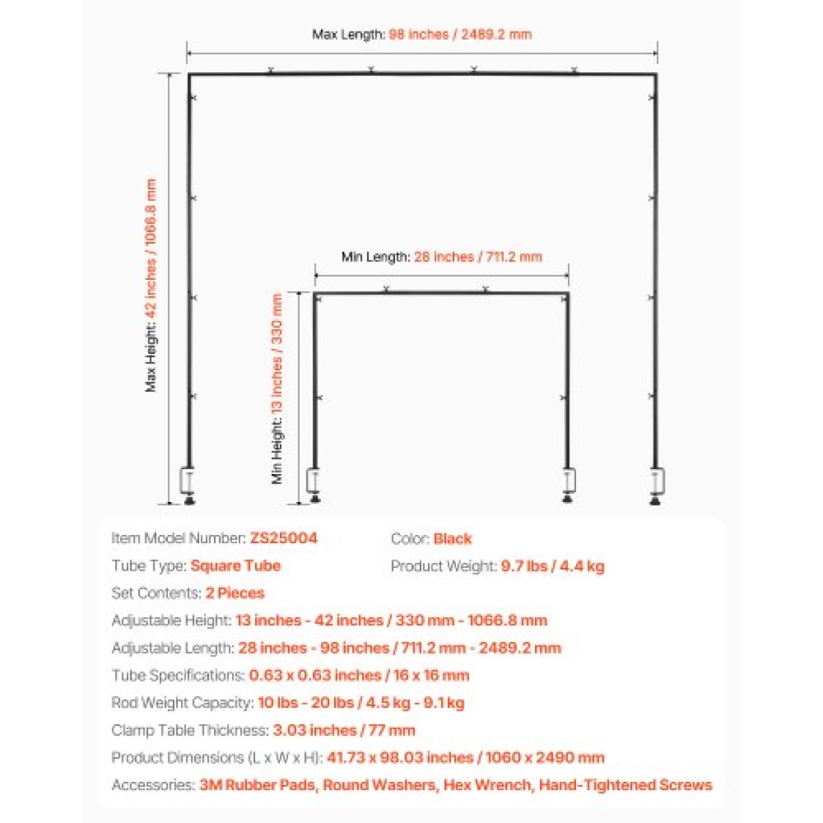 Βάση VEVOR Over The Table Rod με σφιγκτήρες, 13"-42" ψηλό & 28"-98" μήκος ρυθμιζόμενο, 2 πακέτα επιτραπέζια βάση καμάρας, επιτραπέζιο μπαλόνι καμάρας πλαίσιο για χριστουγεννιάτικα στολίδια πάρτι γενεθλίων γάμου, μαύρο