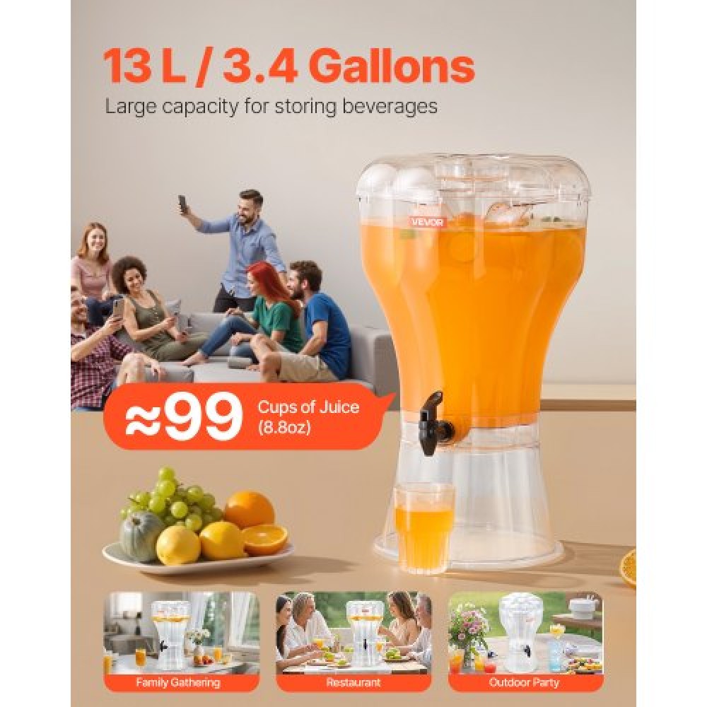 VEVOR Beverage Dispenser, Δοχείο ποτών 13L για πάρτι, Πλαστικές δοσομετρικές μηχανές χυμού χωρίς στάγδην, Συσκευές παγωμένου τσαγιού λεμονάδας νερού, για εστιατόρια, ξενοδοχεία, πάρτι