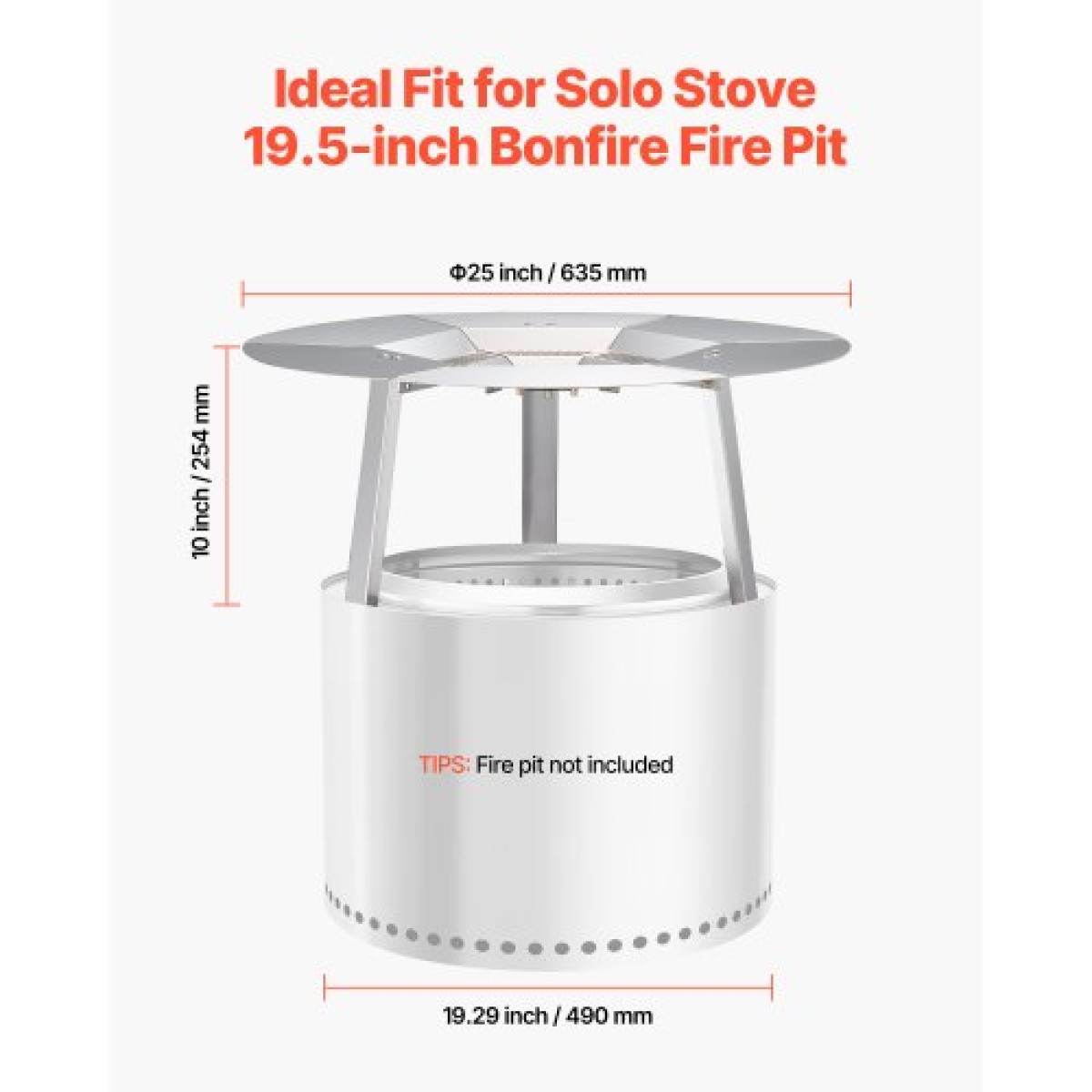 VEVOR Fire Pit Heat Delector for Solo Solo Yukon, 635 mm Bonfire Round for Wood Burning Fire Pit, 304 Ανοξείδωτος διαχύτης θερμότητας, Αποσπώμενο κάλυμμα καυστήρα Αξεσουάρ κάμπινγκ